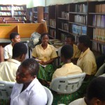 Girls of Aburi Girls Secondary School engaged in group discussions on the role and involvement of on young women in leadership 